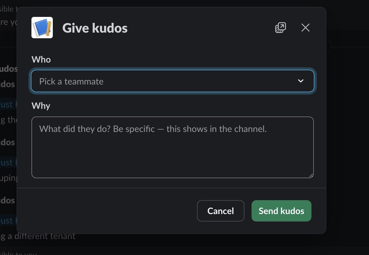 The Give kudos form in Slack with a teammate picker and a reason field